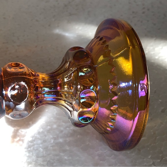 Amber Gold Carnival Glass Iridescent Kings Crown Thumbprint Compote Candy Dish - Picture 2 of 6